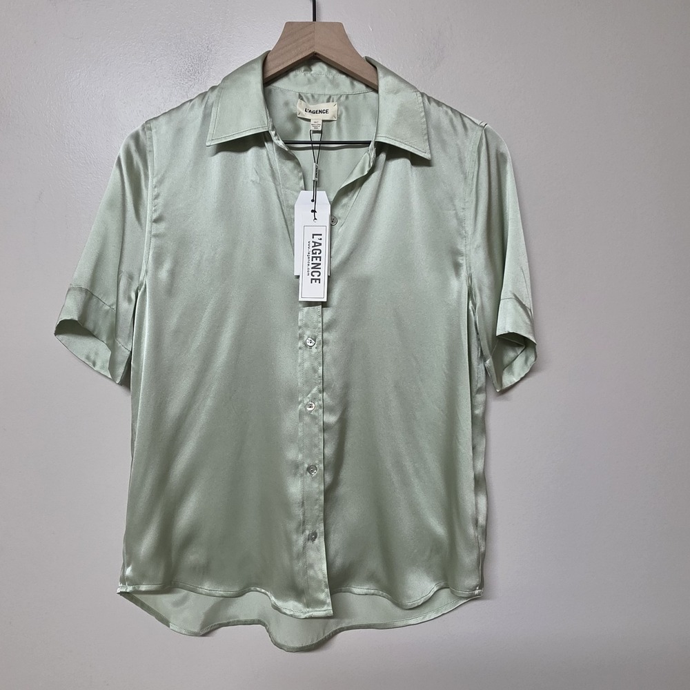 L'AGENCE Ellah 100% Silk Blouse Laurel Green Short Sleeve Button Front XS NWT